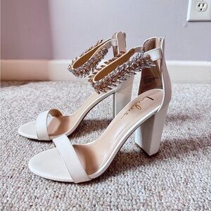 Lulus Women’s White Rhinestone Ankle Strap Heel with Zip Back Size 9